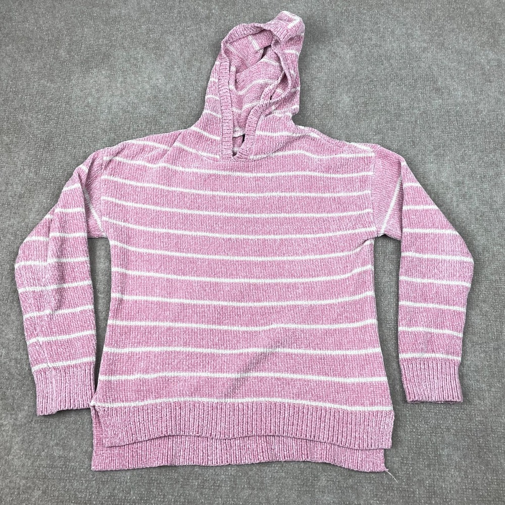 Dkny Hooded Sweater Girls M (10-12) Pink White Striped High Low Hem Pullover